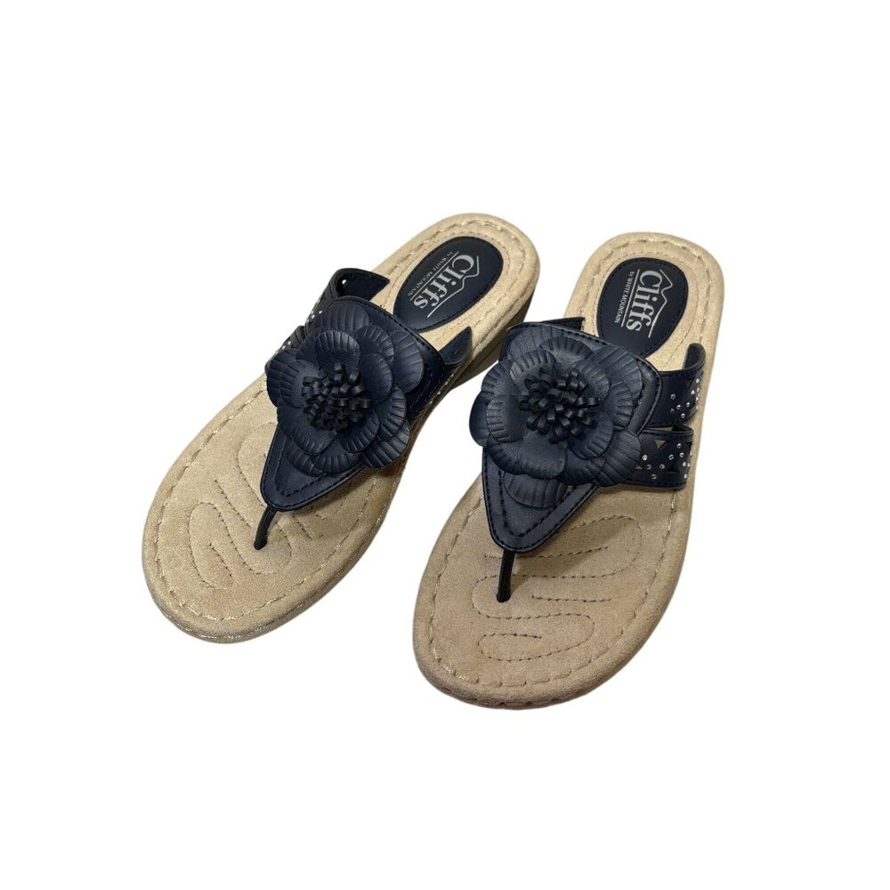 Cliffs By White Mountain Sandals Navy Blue Flower Thong Slides Size 6.5 M Comfor